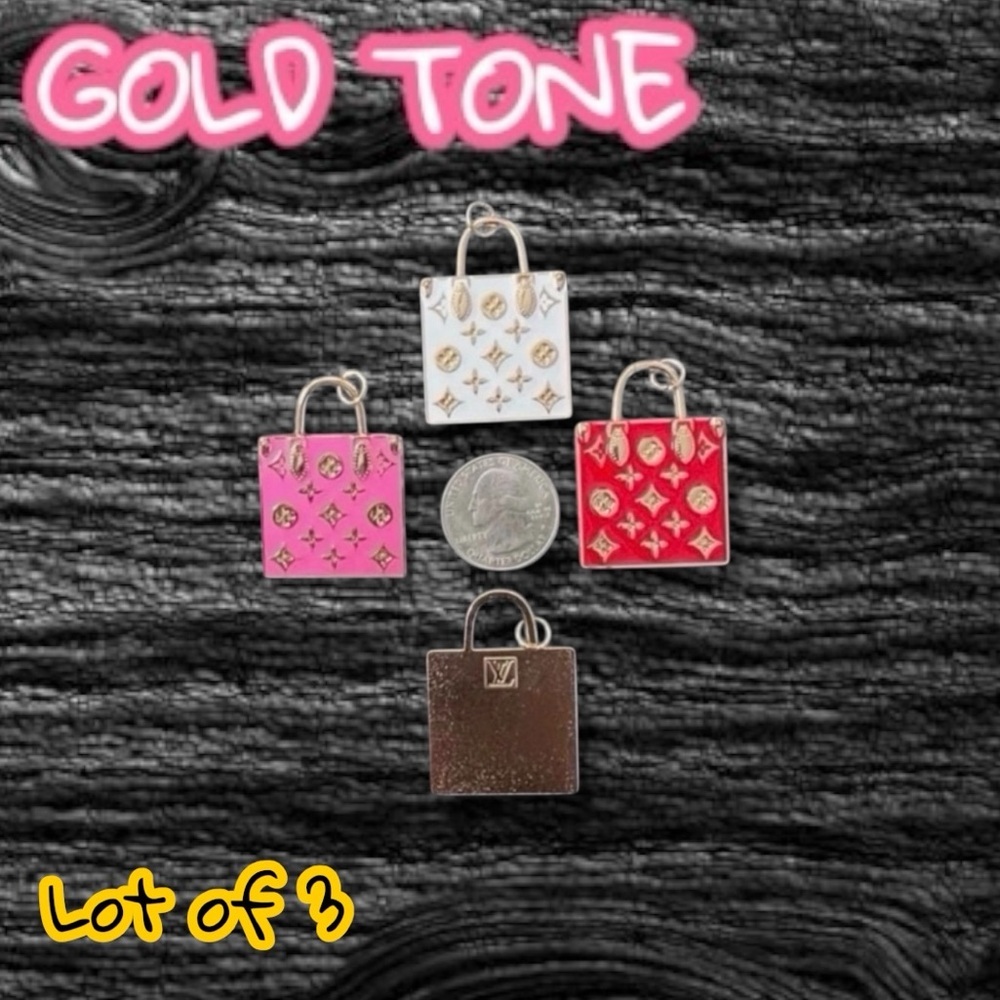 LAST ONE Lot of 3 Large Square Bag LV Zipper Pull Button Pendant Necklace Charm
